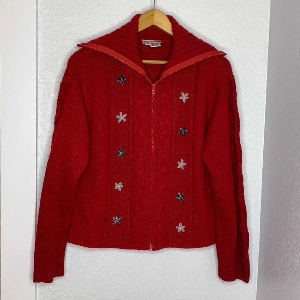 Vintage-Style Red Embroidered Zip Cardigan Sweater M folkcore cabincore artisan